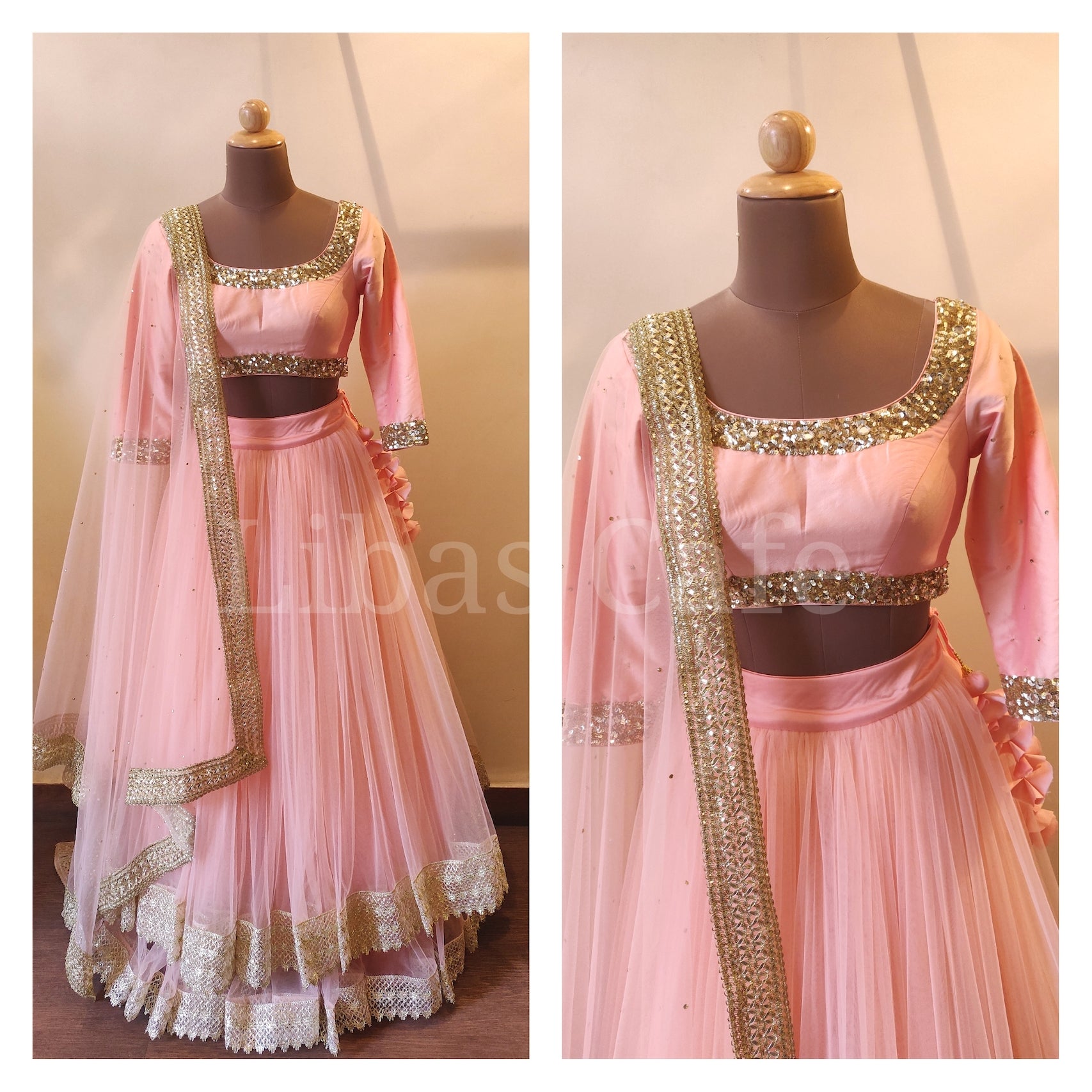 Peach Double Layered Net Lehenga